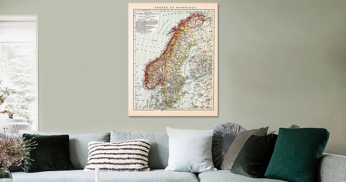 Vintage kaart Zweden en Noorwegen van Studio Wunderkammer op canvas